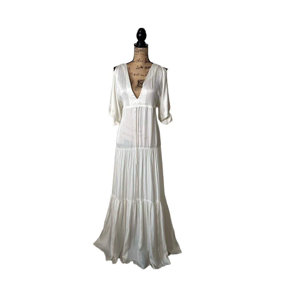 BCBGMAXAZRIA Maxi Dress Womens White Goddess Slit Sleeves Ethereal Flowy